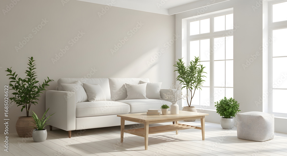 Fototapeta premium A bright and airy living room with a white sofa, plants, and a wooden coffee table.