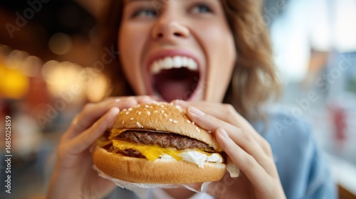 Wallpaper Mural A young individual eagerly prepares to bite into a sizable cheeseburger. The restaurant background features warm lighting and a lively atmosphere, creating an inviting dining experience. Torontodigital.ca