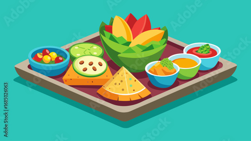 A tray of food with a variety of items including chips, salsa, and guacamole.
