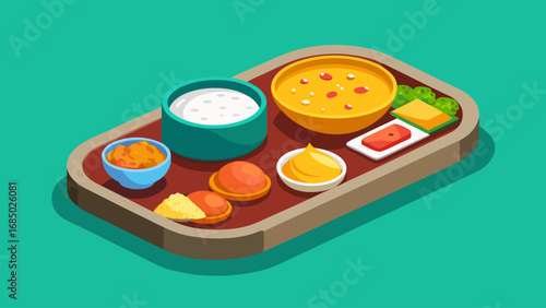 A round tray with a variety of food items including rice, soup, and salad. The tray is placed on a green background