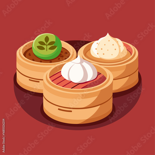 A blue background with a variety of Asian food in bowls. The bowls are filled with different types of food, including dumplings, noodles, and other dishes. Concept of abundance and variety