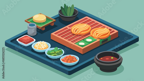 A blue tray with a variety of Asian food on it. The tray is set up for a meal and includes bowls, a cup, and a bottle. The food includes noodles, vegetables, and meat
