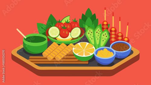 A plate of food with a green sauce and a variety of vegetables and fruits. The plate is round and has a red background
