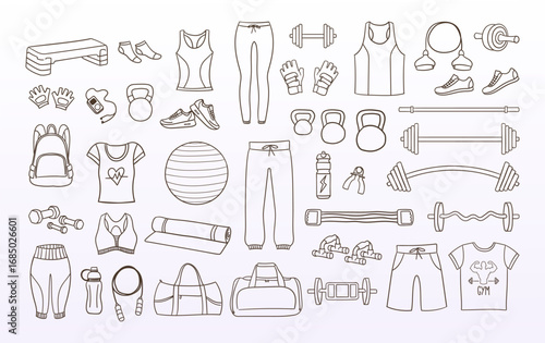 Cute hand-drawn fitness equipment doodle set. Perfect for surface designs, banner design,  prints, and crafting projects. A total of 42 items. Vector illustration.