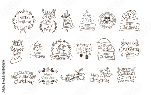 Cute hand-drawn Christmas label design set in doodle style. Perfect for sticker designs,  prints, and crafting projects. A total of 17 items. No editable text. Vector illustration.