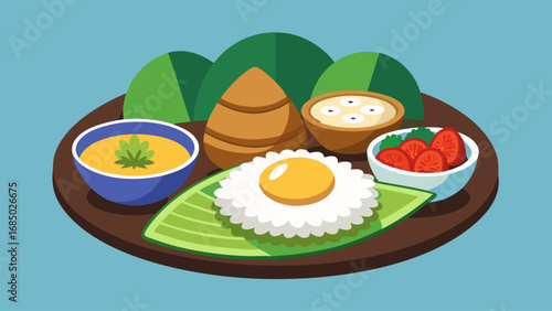 A plate of food with a variety of dishes including rice, vegetables, and fruit. Scene is light and cheerful, as it showcases a colorful and diverse meal