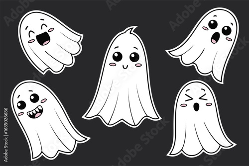 Playful illustration of smiling cartoon ghosts on a dark background with stars and a spider web, perfect for Halloween themes.
