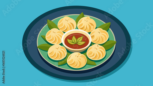 A plate of dumplings with sauce on a blue background. The dumplings are arranged in a circle and there are several of them