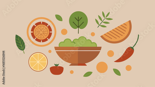A colorful drawing of various fruits and vegetables, including a bowl of salad. Concept of freshness and health, with the abundance of colorful produce suggesting a focus on nutritious eating