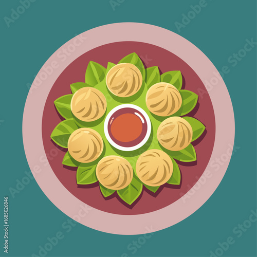 A plate of dumplings with sauce on a blue background. The dumplings are arranged in a circle and there are several of them