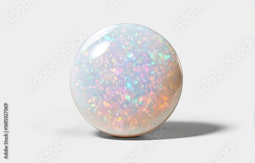 Round opal gemstone, white base, vibrant iridescence