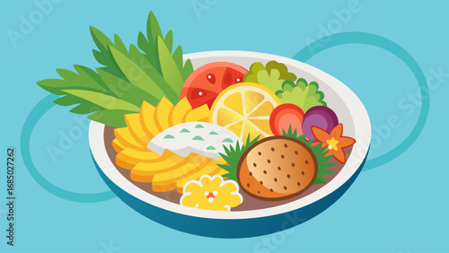 A bowl of food with a variety of fruits and vegetables. The bowl is blue and white. The fruits and vegetables are arranged in a way that makes the dish look appetizing and colorful