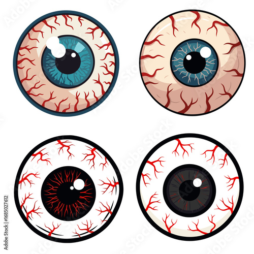 Vector Illustration of Varied Cartoon Eyeballs with Bloodshot Details and Unique Designs
