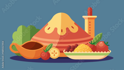 A blue background with a mountain and a pot of gravy. A plate of food with a cup of gravy and a bowl of fruit