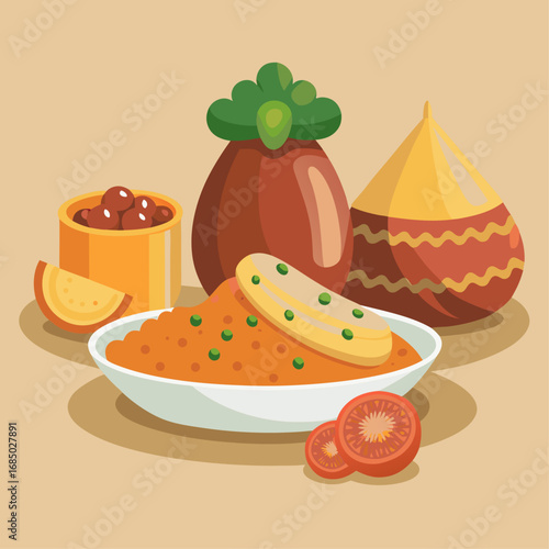 A blue background with a mountain and a pot of gravy. A plate of food with a cup of gravy and a bowl of fruit