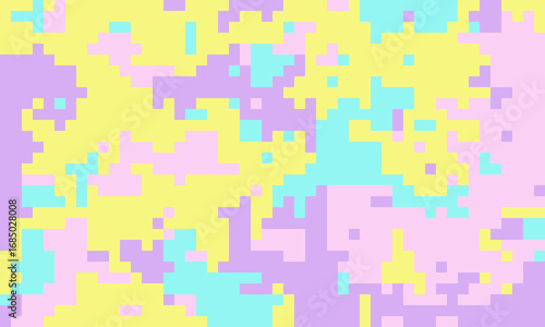 Abstract pixel art background. Pastel color palette of pink, yellow, purple, and aqua creates a dreamy, playful mood.
