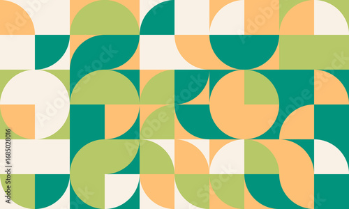 Abstract geometric pattern with teal, peach, and lime green semicircles and squares.  Modern midcentury style design ideal for website backgrounds, presentations, and social media.