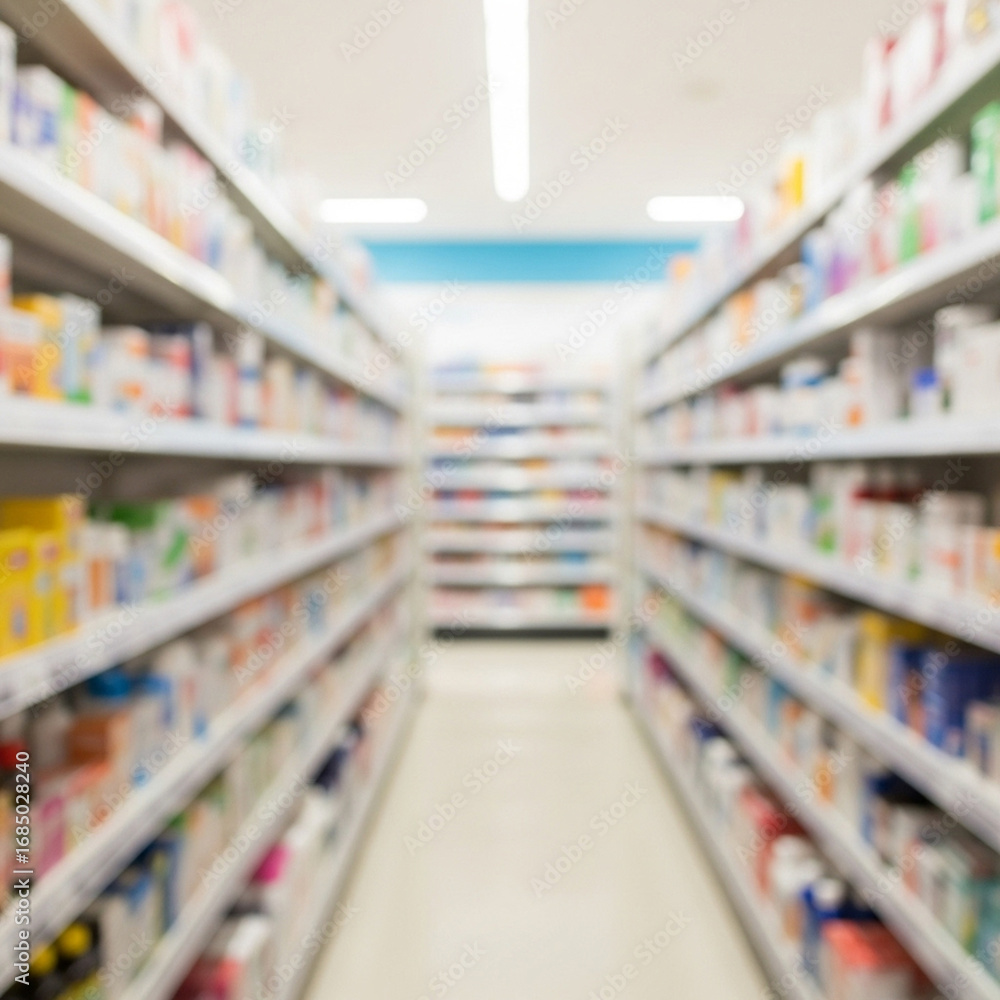 Fototapeta premium Pharmacy drugstore blur abstract backbround with medicine and healthcare product on shelves.