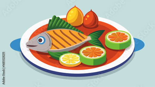 A plate of food with a fish, tomato, and lemon on it. The fish is grilled and the lemon is cut in half