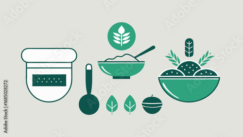 A collection of food items and utensils, including a bowl, spoon, and a bowl with a spoon in it