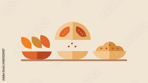 Three bowls of food are on a table, with one bowl containing a sliced tomato. The other two bowls contain different types of food, such as a salad and a dip. Concept of abundance and variety