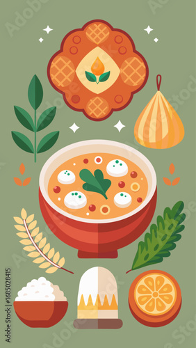 A colorful illustration of various foods, including a bowl of soup, a plate of cookies, and a slice of pizza. Concept of abundance and variety, with a focus on the different types of food