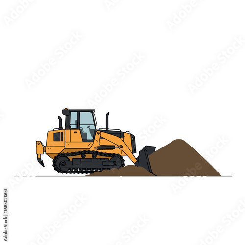 A powerful yellow bulldozer meticulously levels ground for a large urban development in a clean, minimalist 2D flat vector illustration with solid colors.