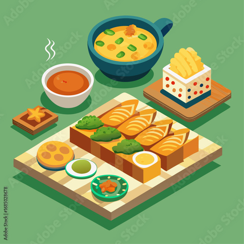 A colorful plate of food with a variety of fruits and vegetables. The plate is placed on a table and is surrounded by bowls and cups. Scene is cheerful and inviting, as it showcases a healthy