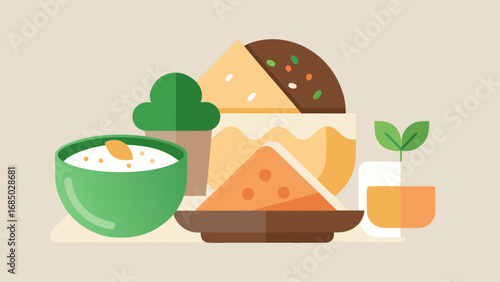 A plate of food with a bowl of soup and a glass of juice. The plate has a sandwich and a piece of cake