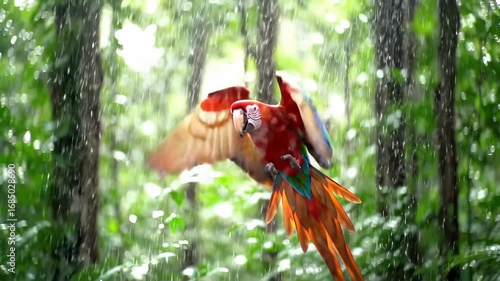 Colorful parrot tropical bird with vibrant feather flying green forest wildlife, nature, and rain, showcasing energetic exotic jungle, blurred background, natural habitat, summer wild animal