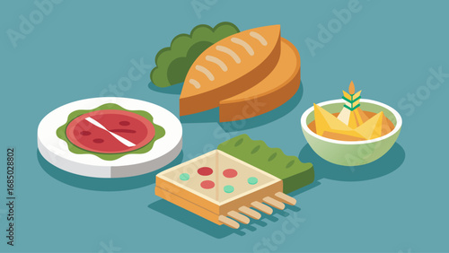 A blue background with a variety of food items such as sandwiches, pizza, and salad. The food items are arranged in a way that they look like they are on a plate or a table