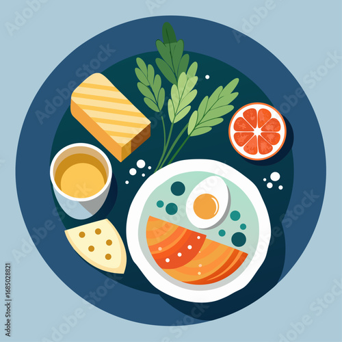 A plate of food with a variety of dishes including a slice of meat, a piece of fruit, and a bowl of soup