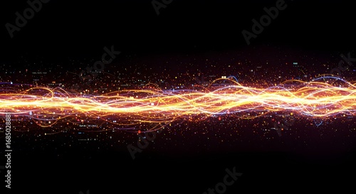 Abstract visualization of a powerful energy current or digital data stream, with glowing particles creating a futuristic light wave effect