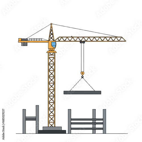 Large construction crane lifting a steel beam on a modern building site, rendered as a 2D flat vector illustration with clean lines and solid colors.