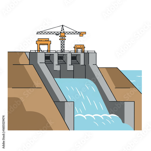 A 2D flat vector illustration depicts a large dam under construction with a flowing river in the background, featuring a minimalist aesthetic and clean lines.