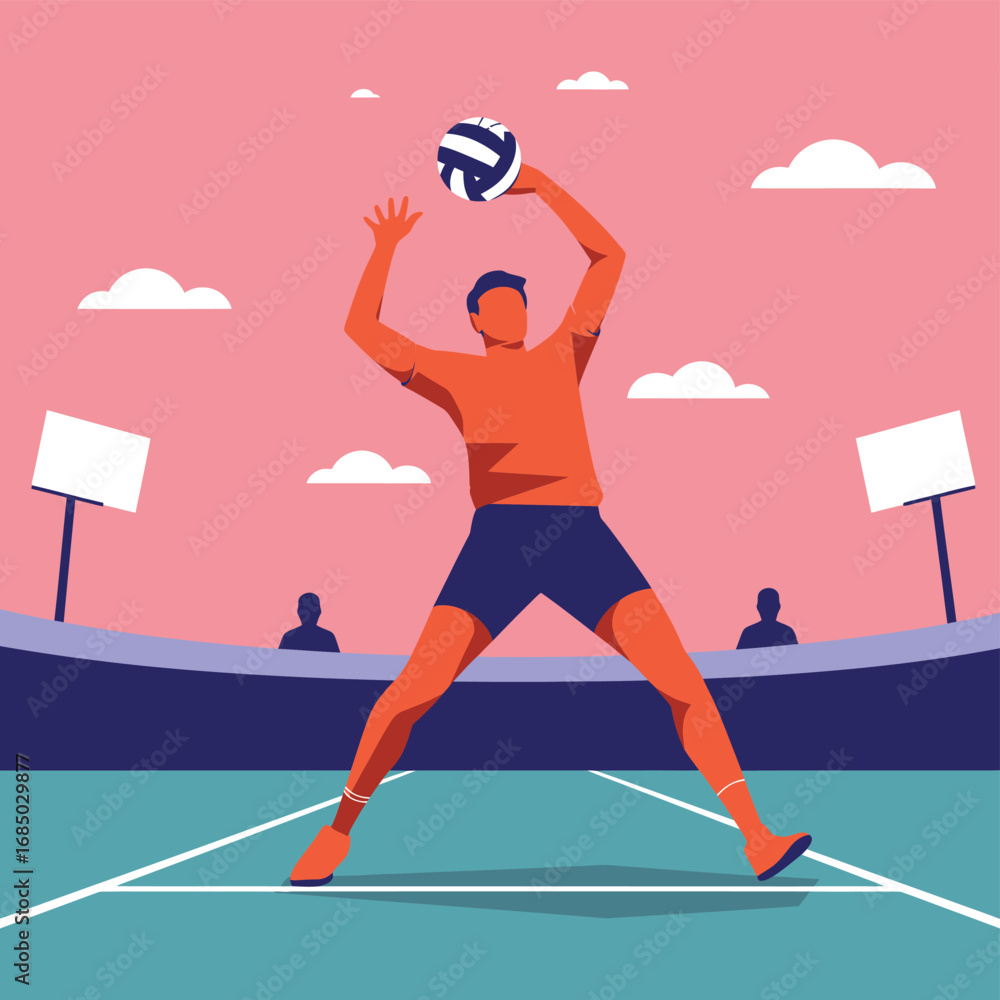 Obraz premium Dynamic flat vector illustration of a male volleyball player serving the ball during a competitive match in a stadium