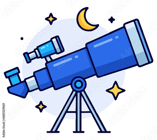 Discovering the vast universe and distant galaxies with a powerful blue telescope under a charming crescent moon and twinkling stars