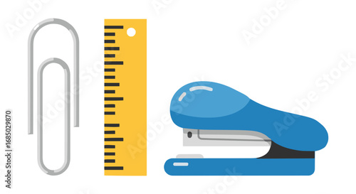 Gather your essential office supplies like a handy paperclip, measuring ruler, and a powerful stapler to organize your workspace effectively