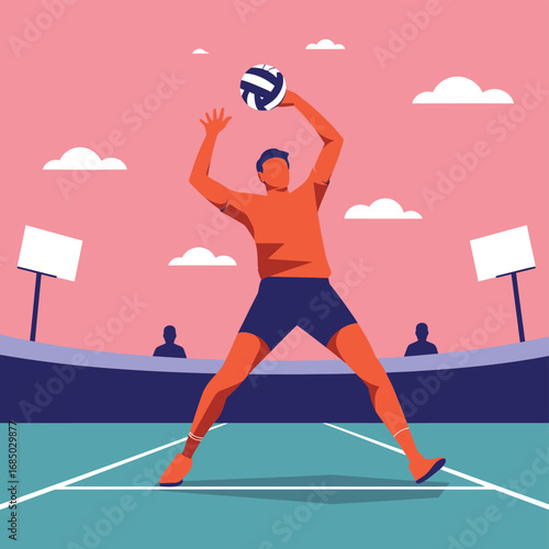 Dynamic flat vector illustration of a male volleyball player serving the ball during a competitive match in a stadium