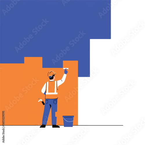 A focused worker applies vibrant paint to a wall within a minimalist building under construction, depicted in a clean 2D flat vector illustration with solid colors.