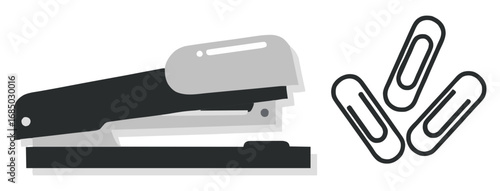 A minimalist flat illustration of a classic desk stapler and simple wire paper clips representing essential modern office stationery supplies.