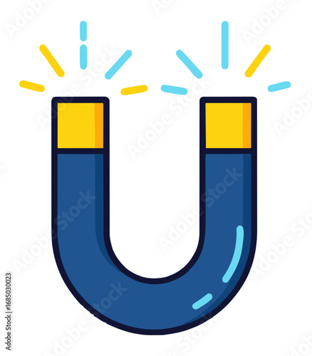 A vibrant blue u shaped magnet with sparkling energy lines demonstrates the invisible force of attraction and the fundamental principles of magnetism