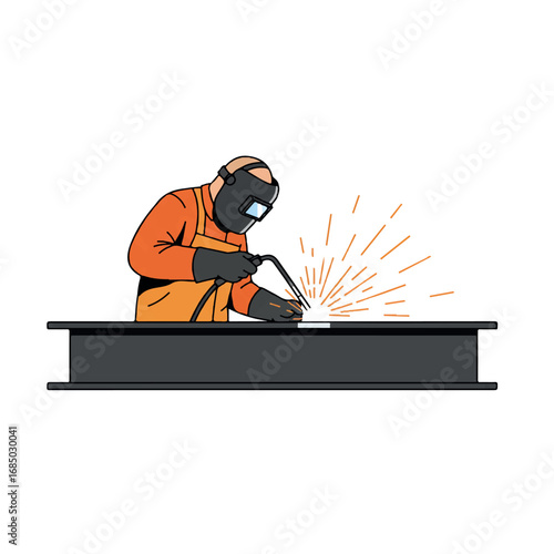 A skilled worker performs essential welding on steel beams, generating stylized sparks in a clean 2D flat vector illustration.