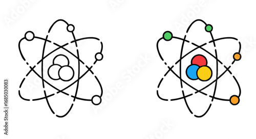 Vibrant and monochrome atom icons with orbiting electrons around a nucleus, symbolizing science, technology, innovation, and quantum physics