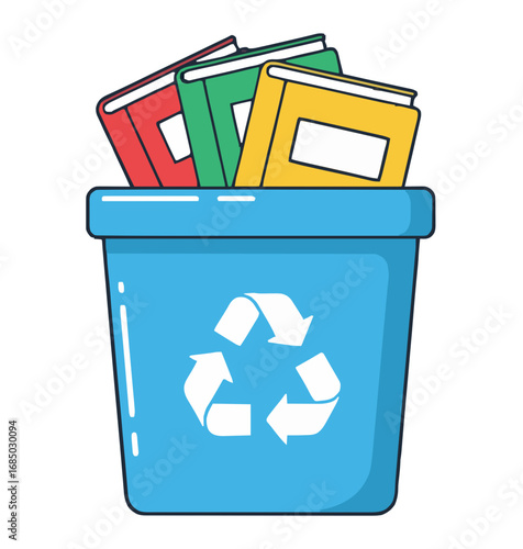 Colorful old library textbooks are being recycled in a blue waste container to support sustainability and promote environmental conservation efforts
