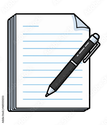 A black ballpoint pen lies ready on a neat stack of lined notebook paper, perfect for school homework, business notes, or creative writing