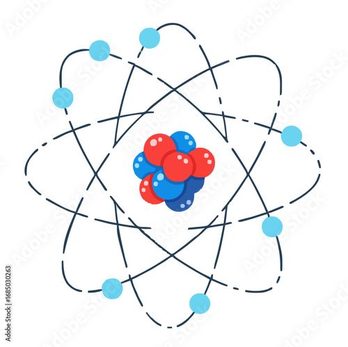 Vibrant blue electrons orbit the atomic nucleus in a dynamic, stylized diagram representing scientific research and nuclear energy discovery
