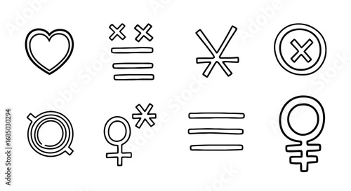 Doodle outline vector symbol set, sketch, graphic design art icon sign logo, cute heart, gender symbol, abstract shapes
