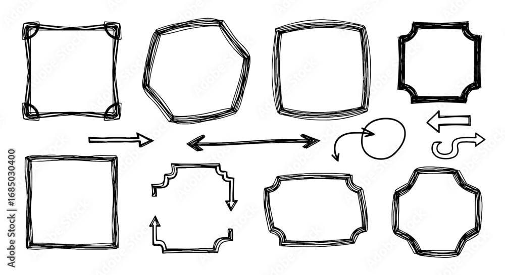 Obraz premium Doodle scribble sketch hand drawn handmade pencil pen marker set vector graphic design illustration art frame arrow set