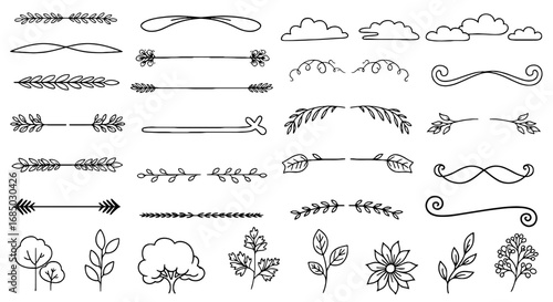 Doodle dividers floral branch cloud line hand drawn art graphic design vector illustration set element
